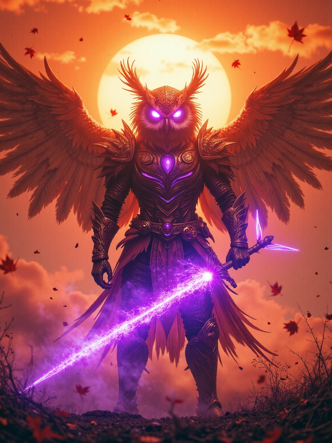 Against a backdrop of fiery orange and crimson hues,  an ultra-detailed owl-man warrior stands in majestic pose,  grasping...
