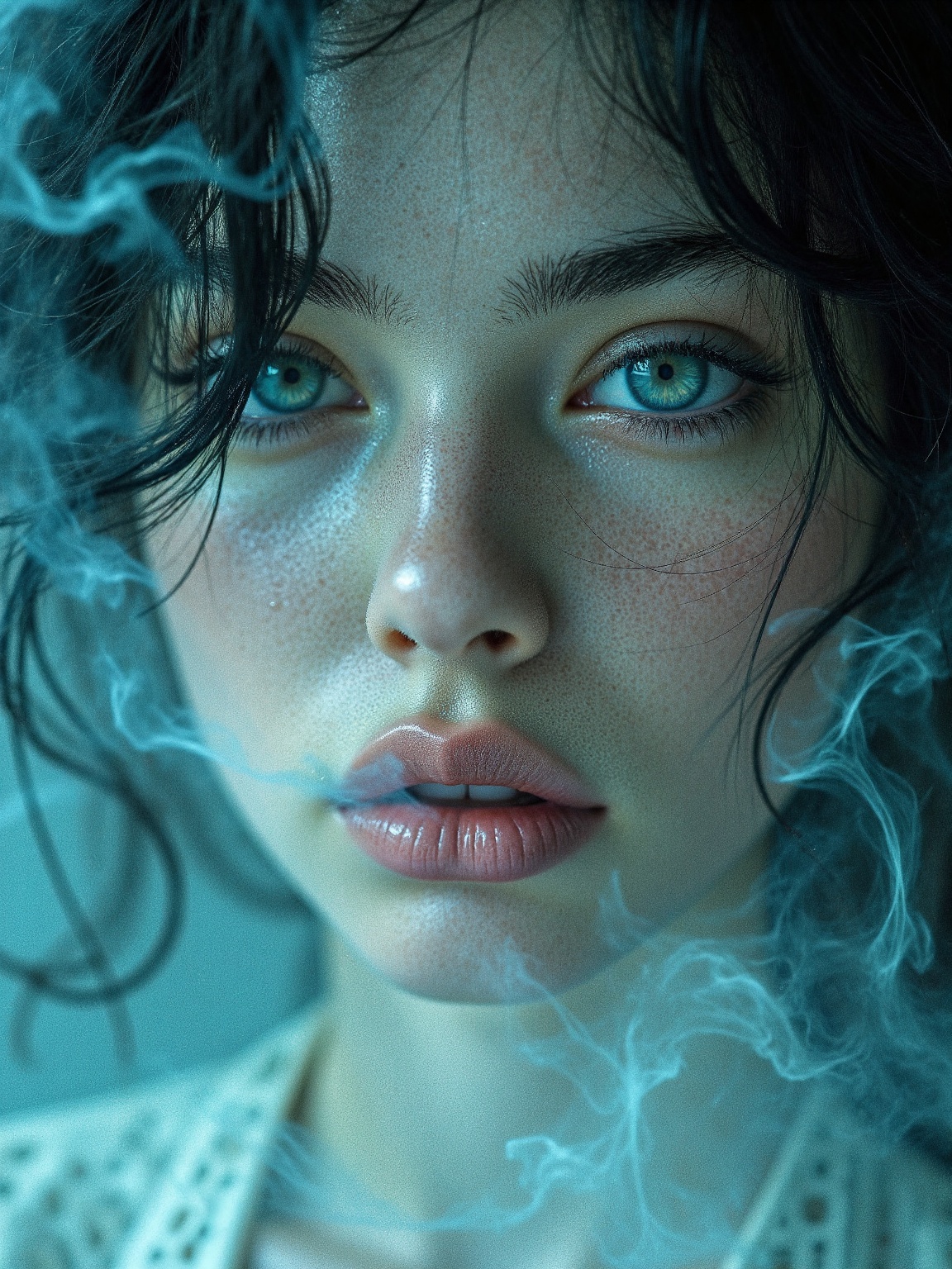 A close-up portrait of a young woman enveloped in a dreamy,  ethereal atmosphere. Her face is partially obscured by soft,...