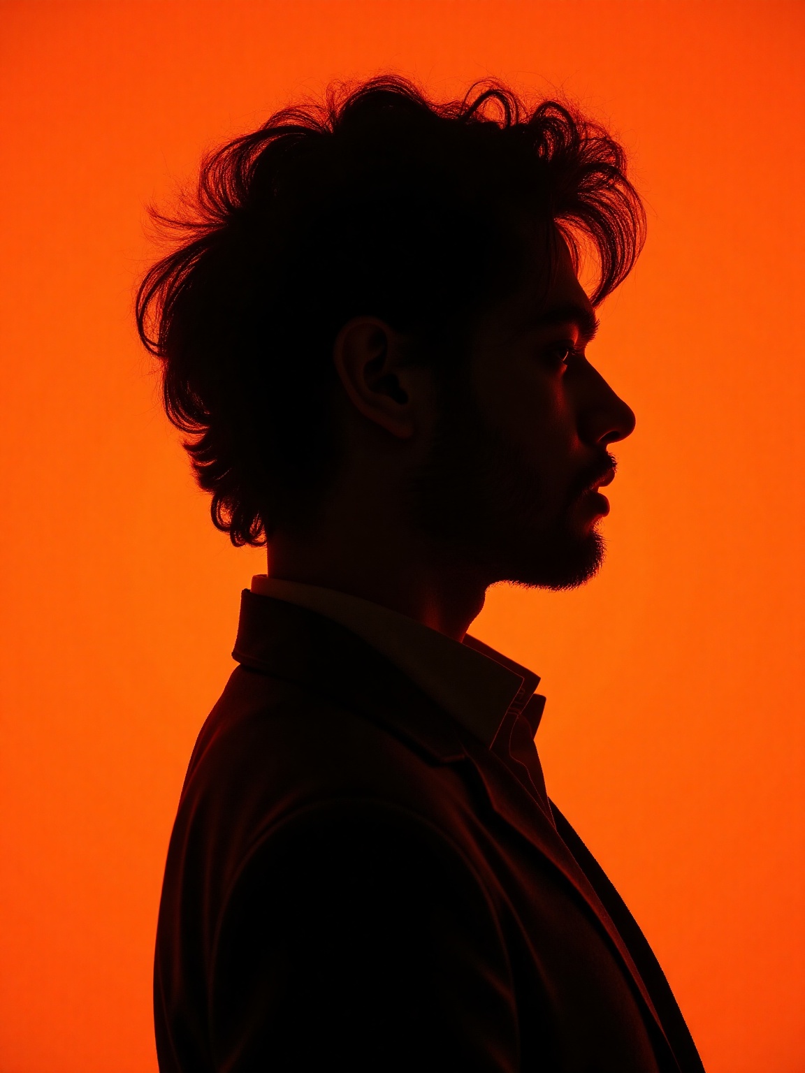 The image portrays a highly stylized,  high-quality profile portrait of a man against a vibrant orange background. The sub...