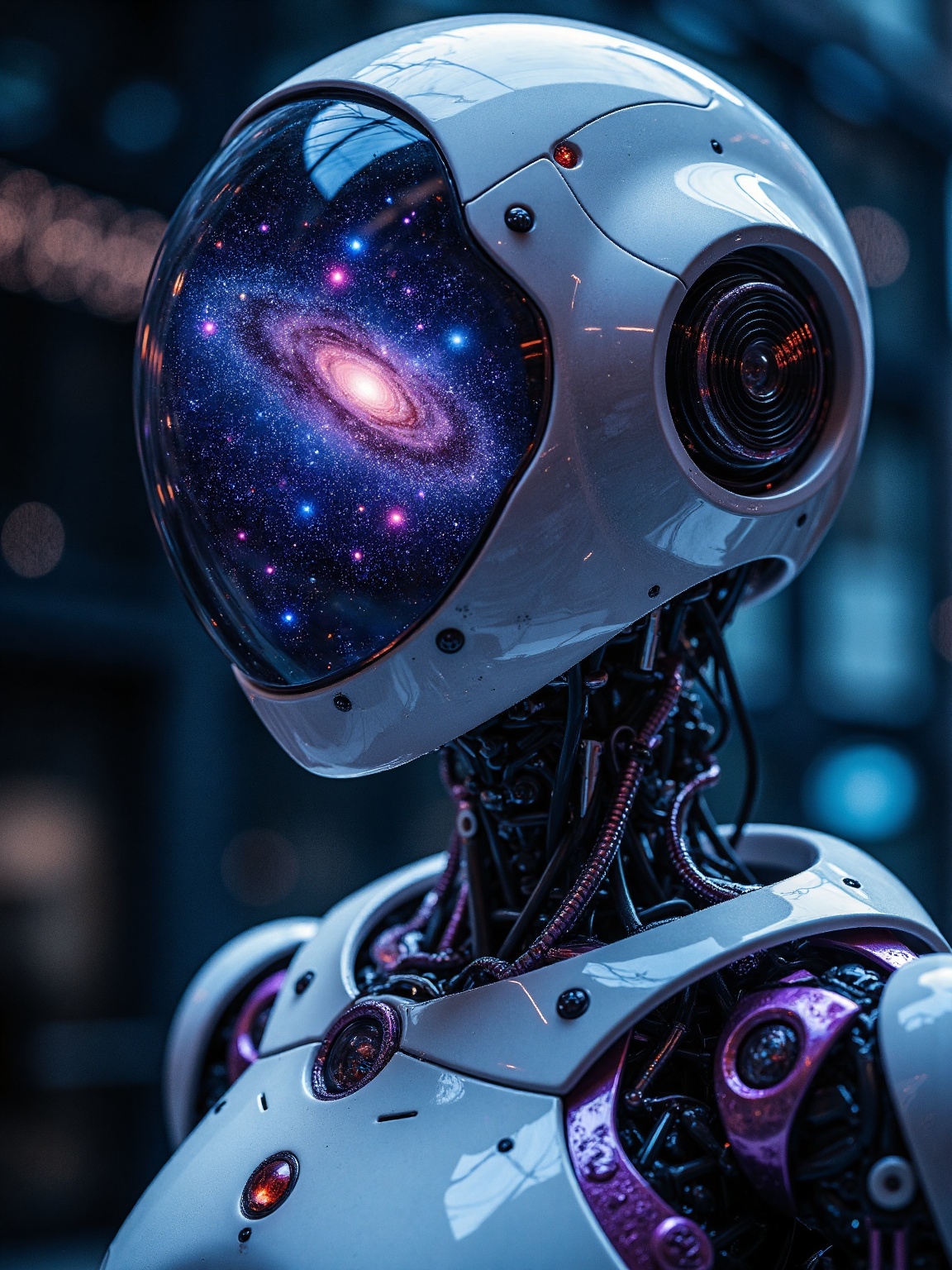 A cinematic closeup portrait of a humanoid robot,  its dome-shaped head reflecting a swirling galaxy cosmos within. The ro...