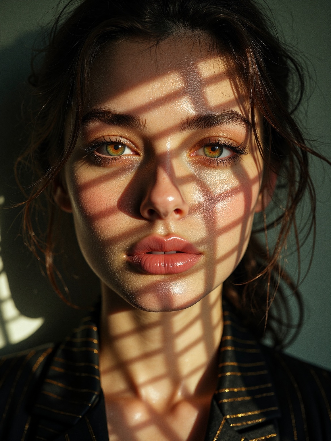 A close-up,  highly detailed photorealistic portrait of a young woman illuminated by sunlight streaming through window bli...