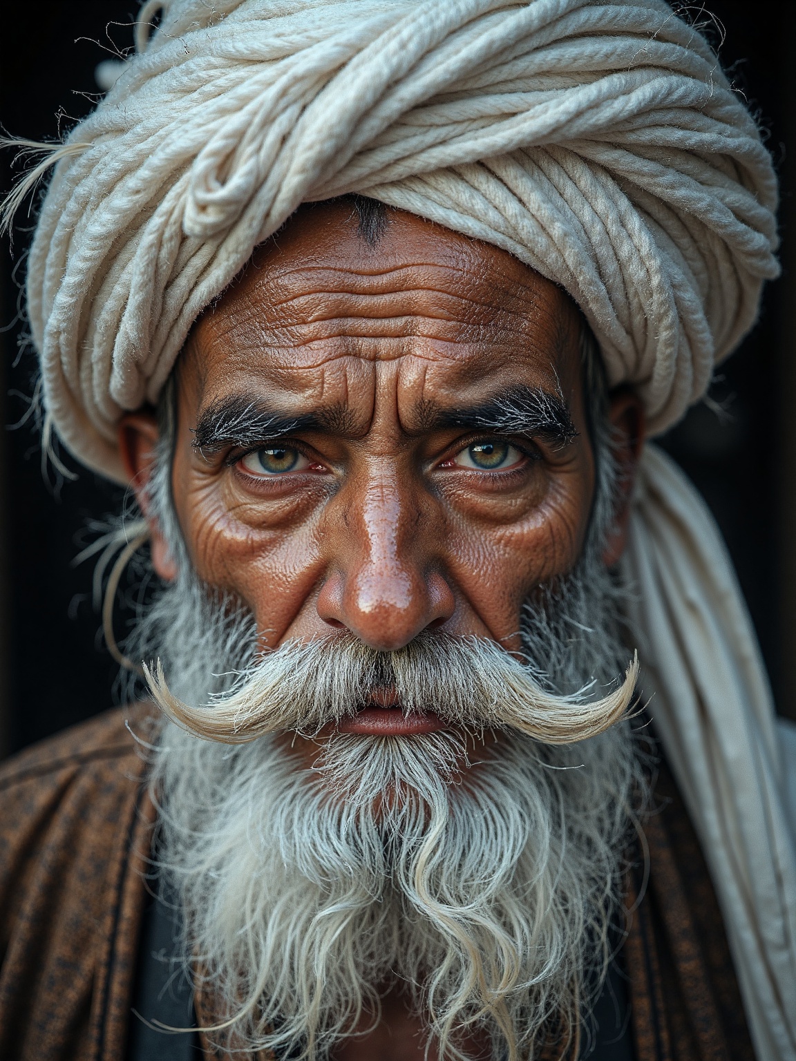 A dignified elder,  adorned with a wispy white turban,  presents a stern visage on Tensor.Art