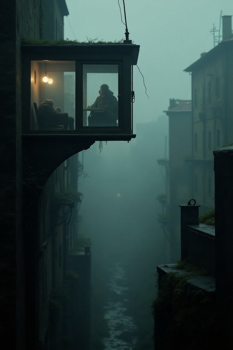 A surreal scene in Andrej Tarkovskij's style,  featuring a dimly lit,  floating room suspended above a mysterious city. Th...