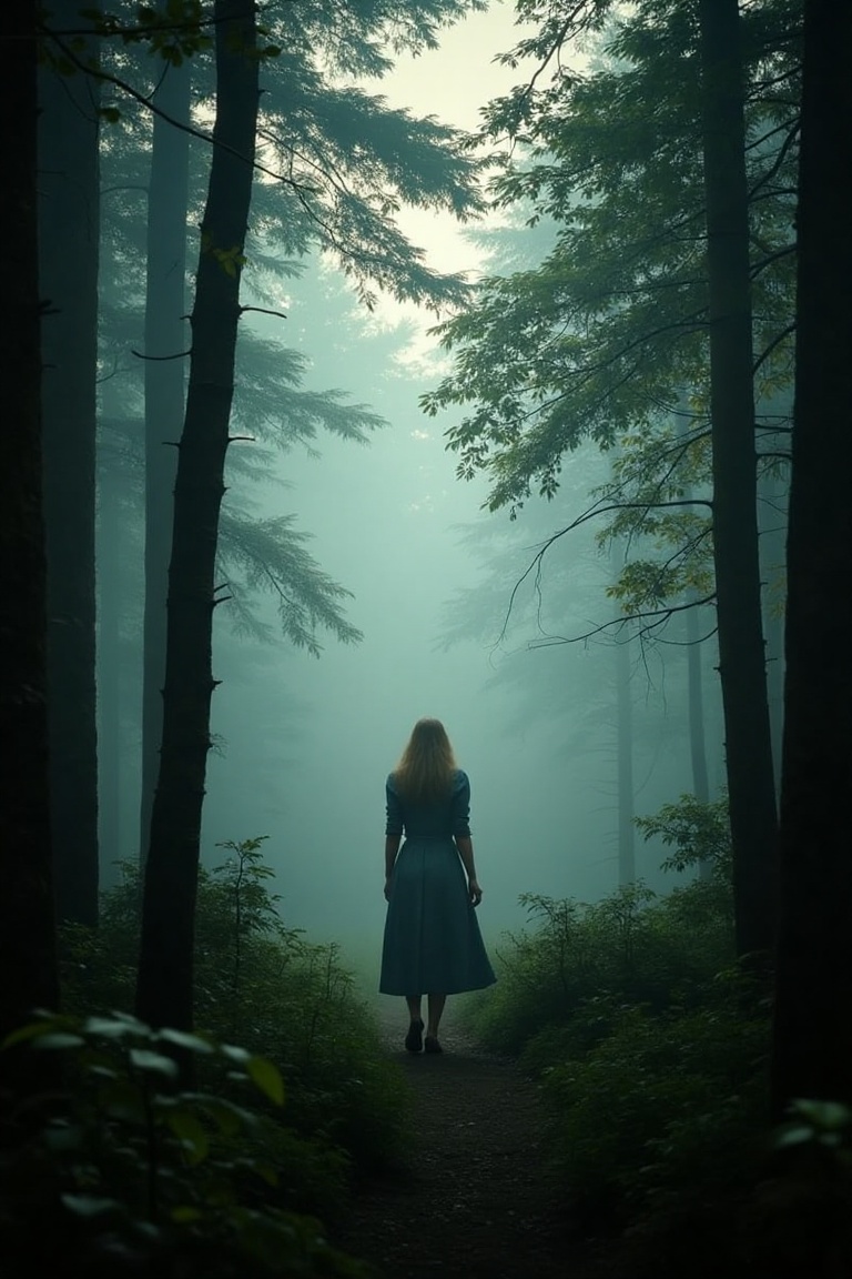 A solitary woman walking through a dense,  misty forest,  framed by tall trees with dappled sunlight filtering through the...