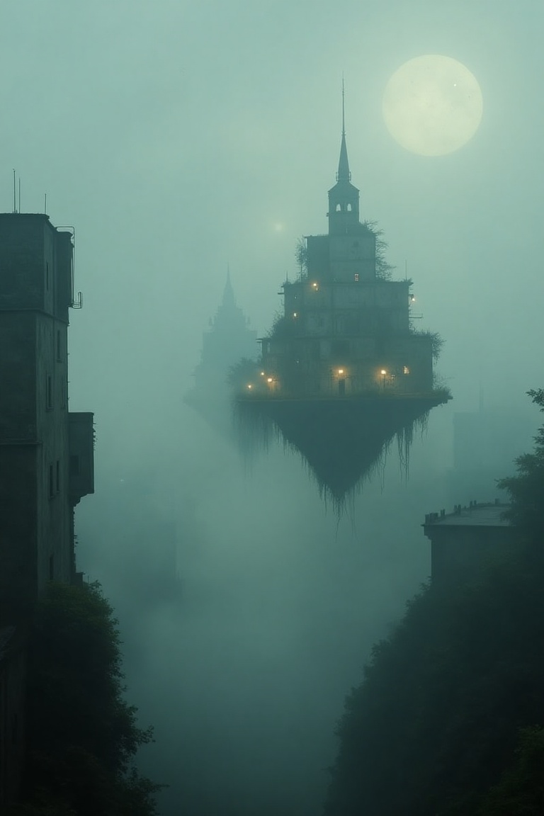A surreal scene in Andrej Tarkovskij's style,  featuring a floating city with ancient,  decaying buildings suspended in a...