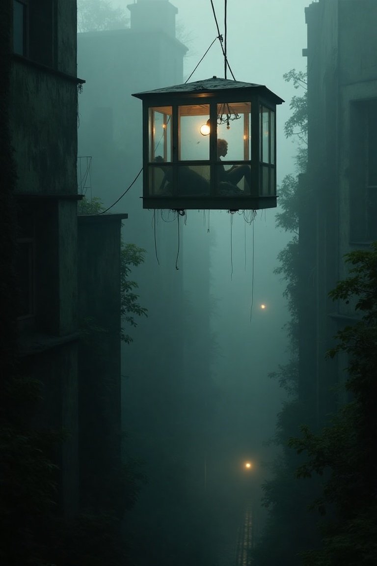 A surreal scene in Andrej Tarkovskij's style,  featuring a dimly lit,  floating room suspended above a mysterious city. Th...