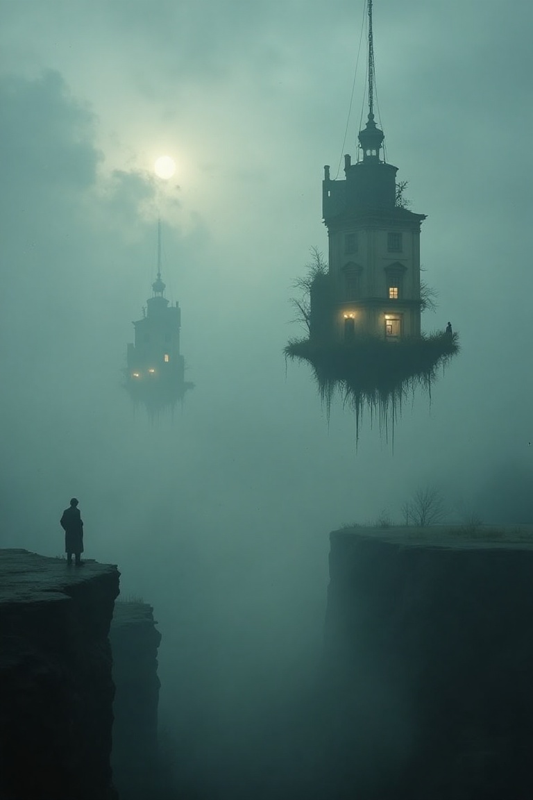A surreal scene in Andrej Tarkovskij's style,  featuring a floating city with ancient,  decaying buildings suspended in a...