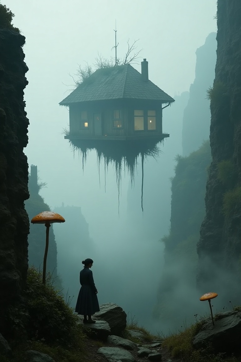 A surreal scene in Andrej Tarkovskij's style,  featuring a lone mushroom growing amidst a vast,  rocky landscape. In the b...