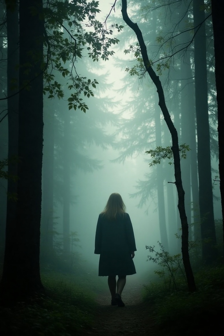 A solitary woman walking through a dense,  misty forest,  framed by tall trees with dappled sunlight filtering through the...