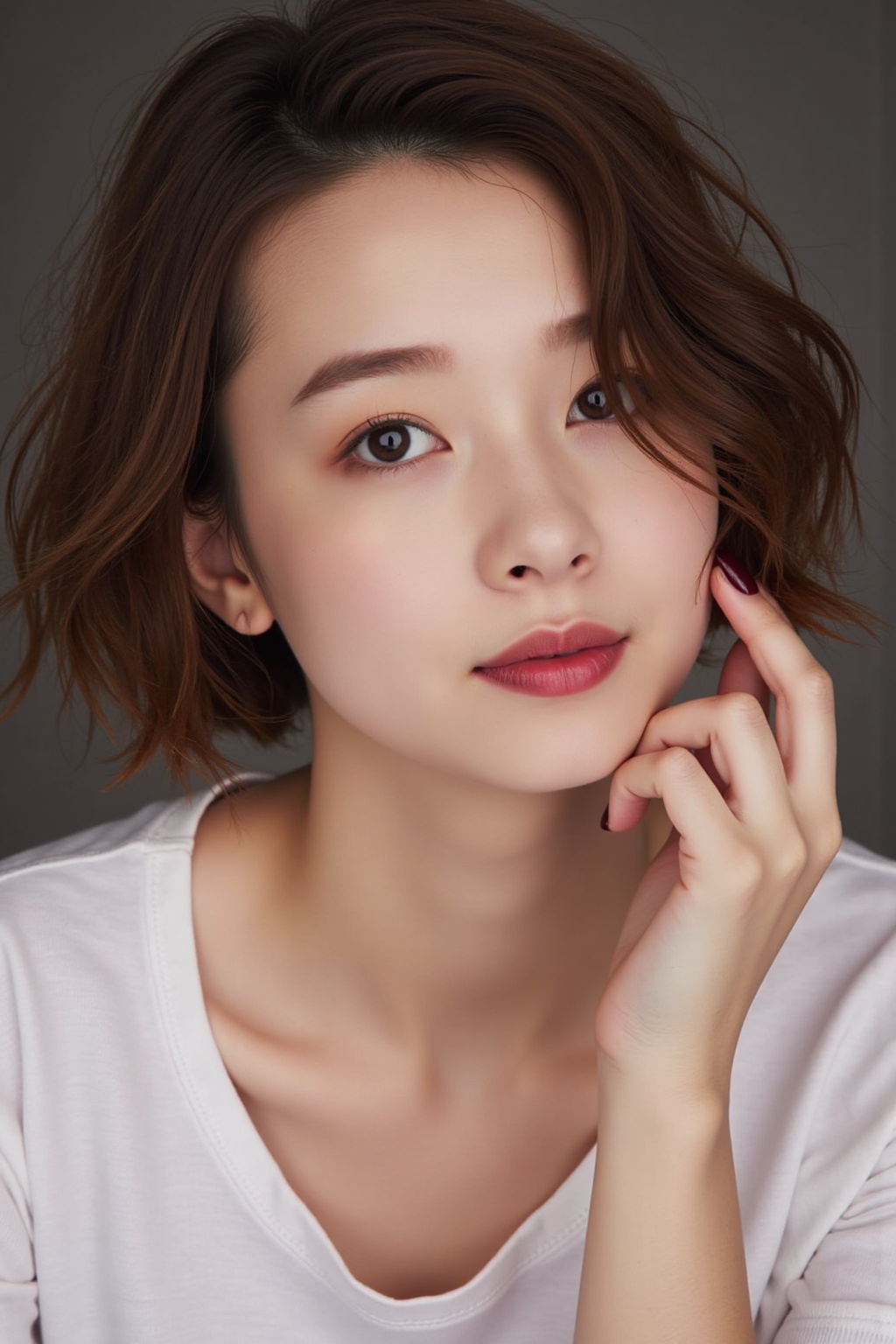 Create a portrait of a young woman with short,  wavy brown hair and a faint smile. Her polished dark red nails catch the l...