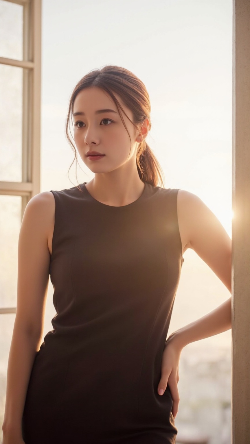 Create a contemplative scene featuring a young Asian woman,  her posture relaxed yet poised,  evoking a sense of peace and...