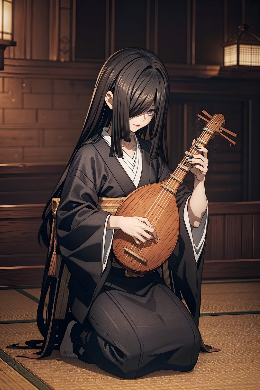 (head tilted),  (((bangs over eyes)))Her skin is flawless,  of an almost supernatural paleness that contrasts sharply with...