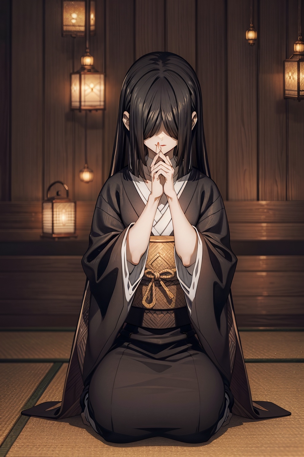(head tilted),  (((bangs over eyes)))Her skin is flawless,  of an almost supernatural paleness that contrasts sharply with...