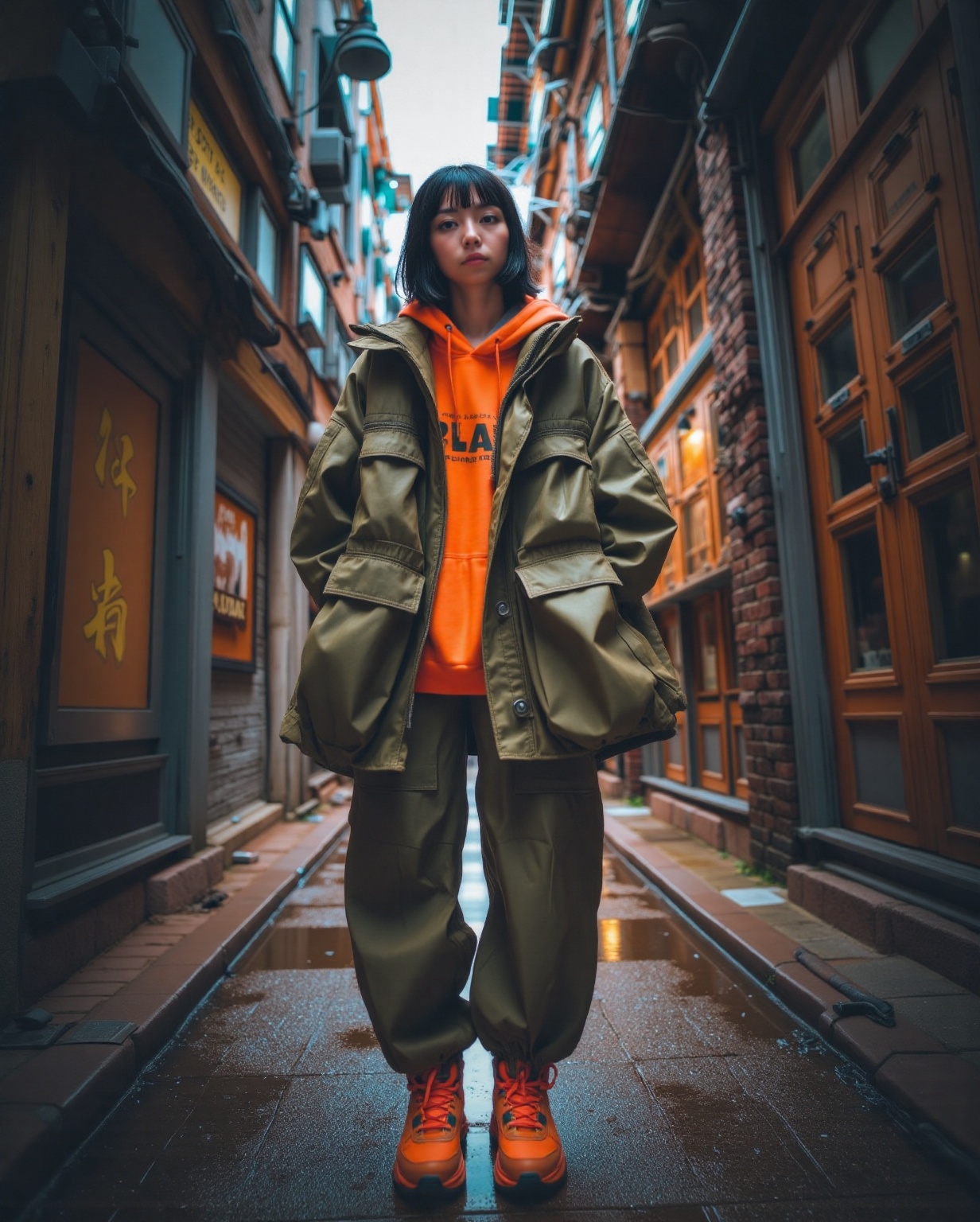 A street scene in an urban setting,  featuring an individual dressed in oversized,  utilitarian clothing. The outfit consi...