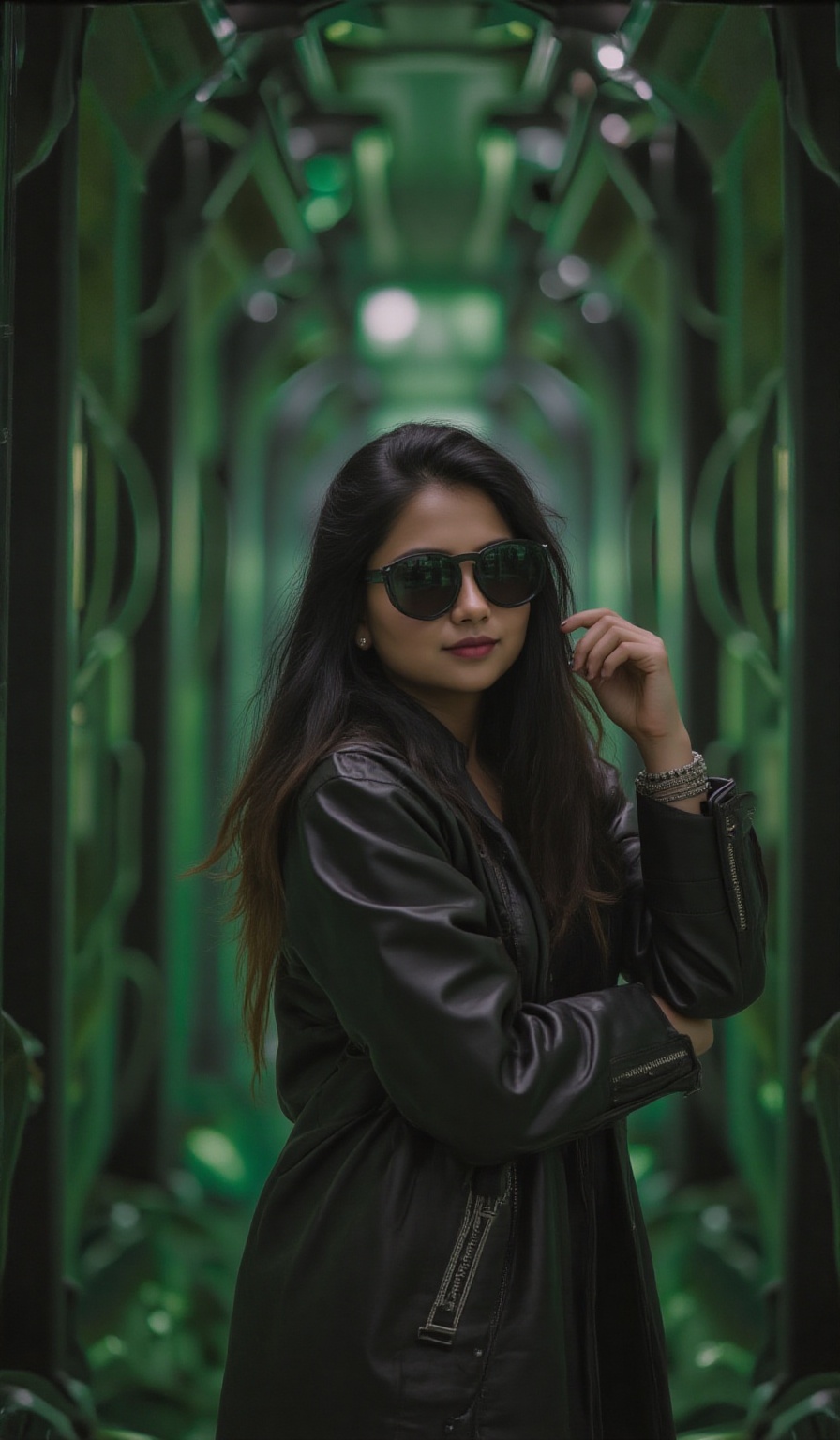 A photorealistic portrait of an Indian woman in her late 20s with dark brown skin,  long straight black hair,  and sharp f...