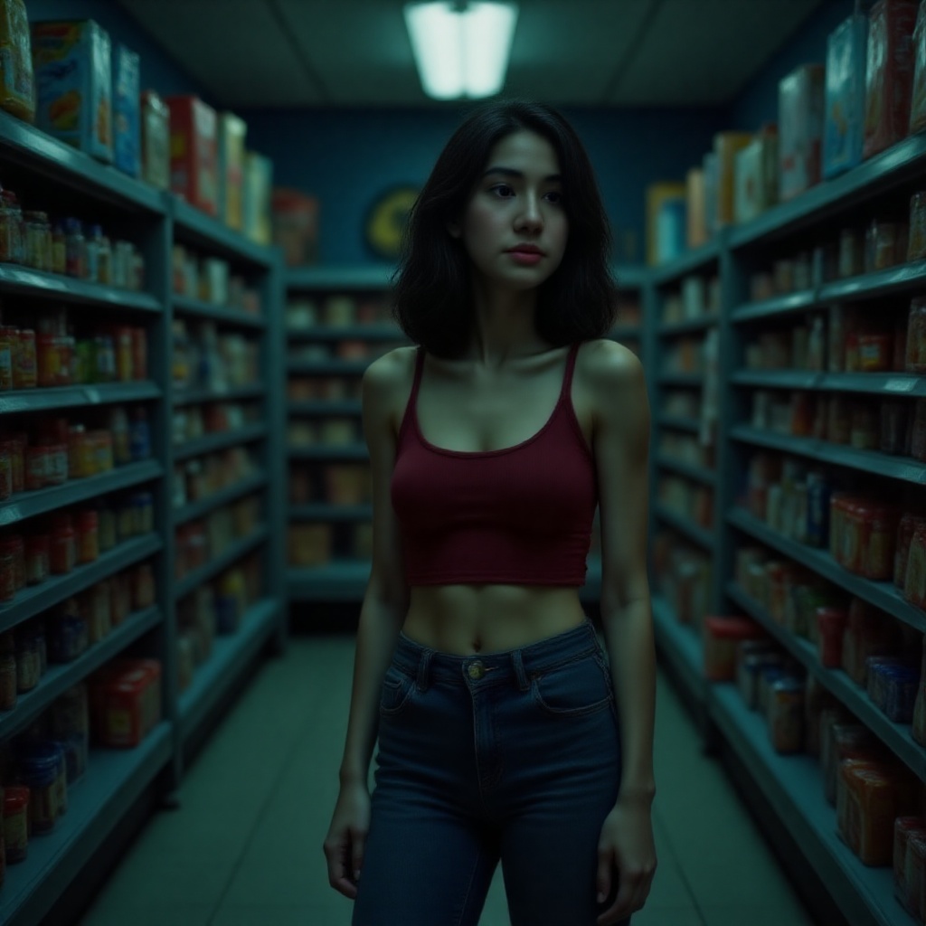 A young woman with dark hair,  wearing a burgundy crop top and jeans,  stands in a dimly lit grocery store. The store's sh...
