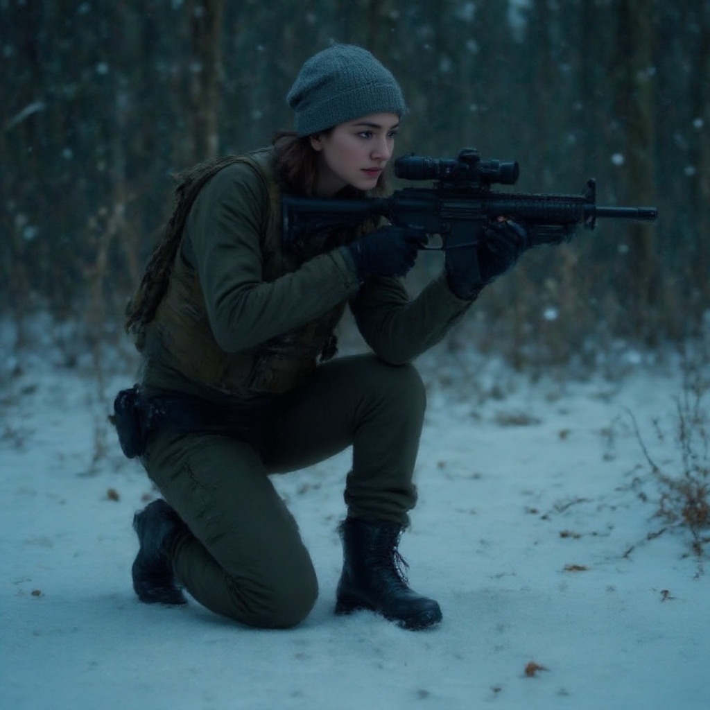 A young woman,  dressed in tactical olive green clothing,  including a vest and pants on Tensor.Art
