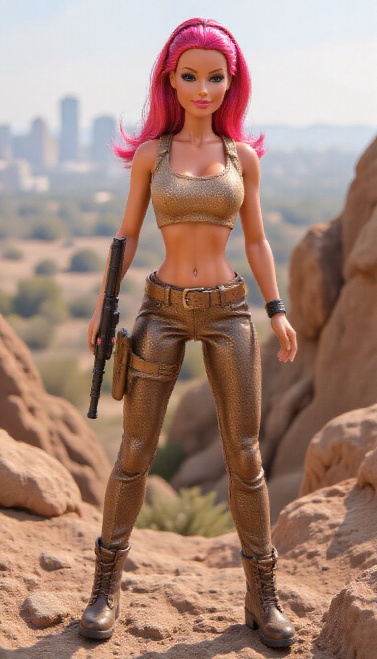 Barbie action figure standing confidently in a dynamic pose,  boots planted firmly on a rocky terrain,  rifle held firmly...