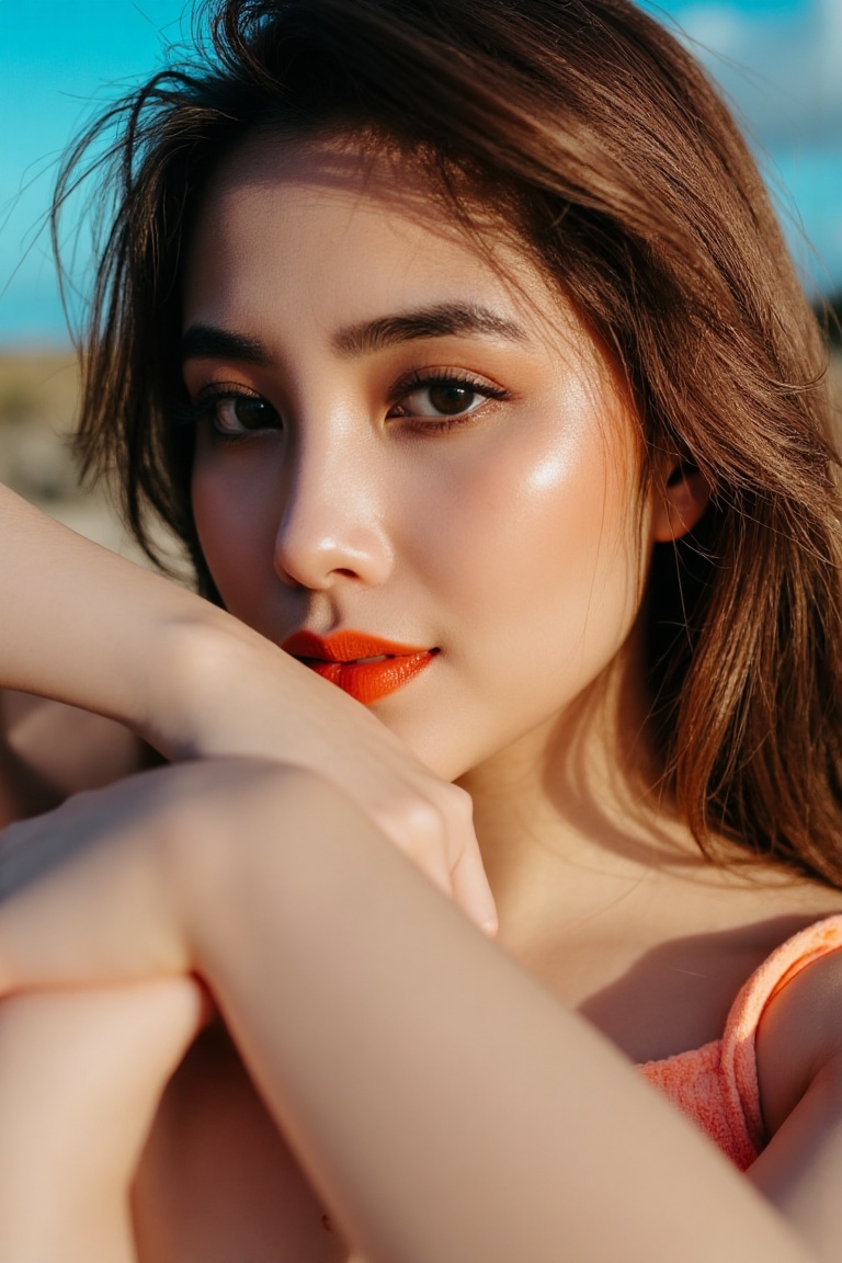 Up-close portrait of a radiant woman,  sporting a subtle smile and stylish attire in a vibrant outdoor setting. Soft sunli...