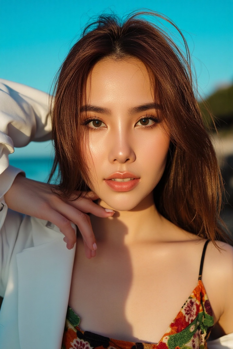 Up-close portrait of a radiant woman,  sporting a subtle smile and stylish attire in a vibrant outdoor setting. Soft sunli...