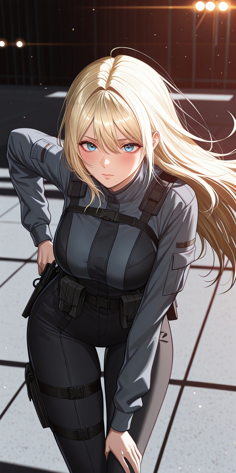 The image depicts a character with long,  flowing blonde hair,  wearing a dark on Tensor.Art