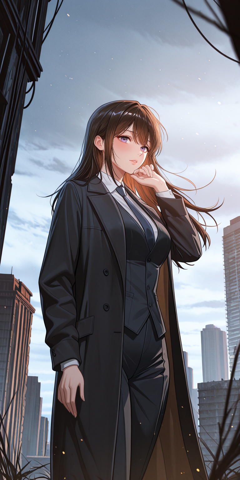 The image depicts a person standing confidently in a cityscape. The individual is dressed in a formal black suit with a ma...