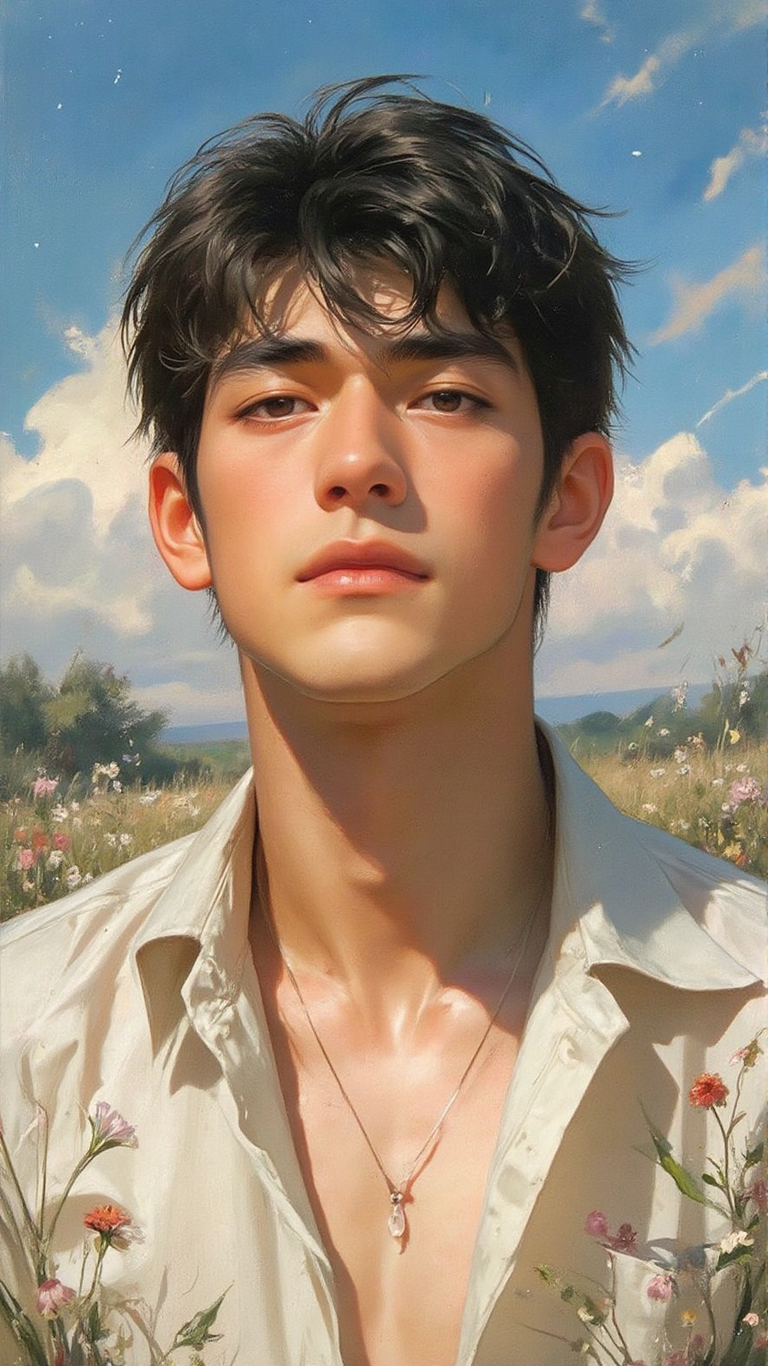 A serene,  soft portrait of a delicate young man with tousled dark hair,  rosy cheeks on Tensor.Art