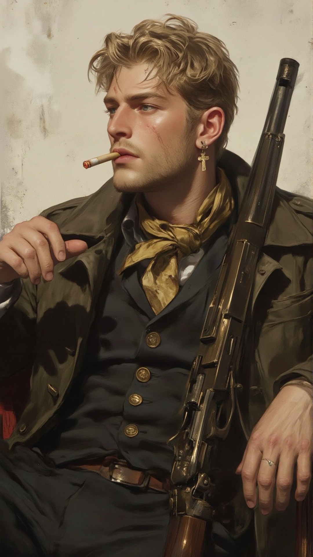 a man with blonde hair and a goatee is seated on a chair holding a cigarette in his right hand,  while a shotgun resting o...