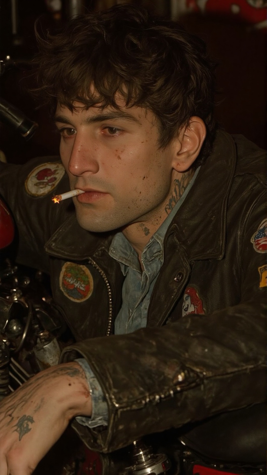 A gritty,  cinematic portrait of a rugged,  tired biker leaning against his motorcycle on Tensor.Art
