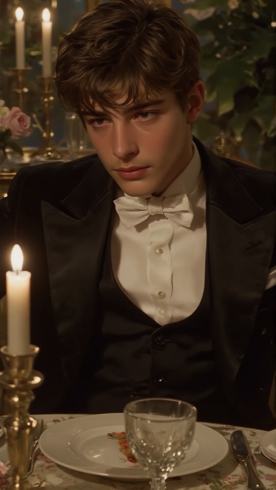A romantic and elegant portrait of a young man seated at a lavishly set dinner table,  rendered in a painterly and classic...