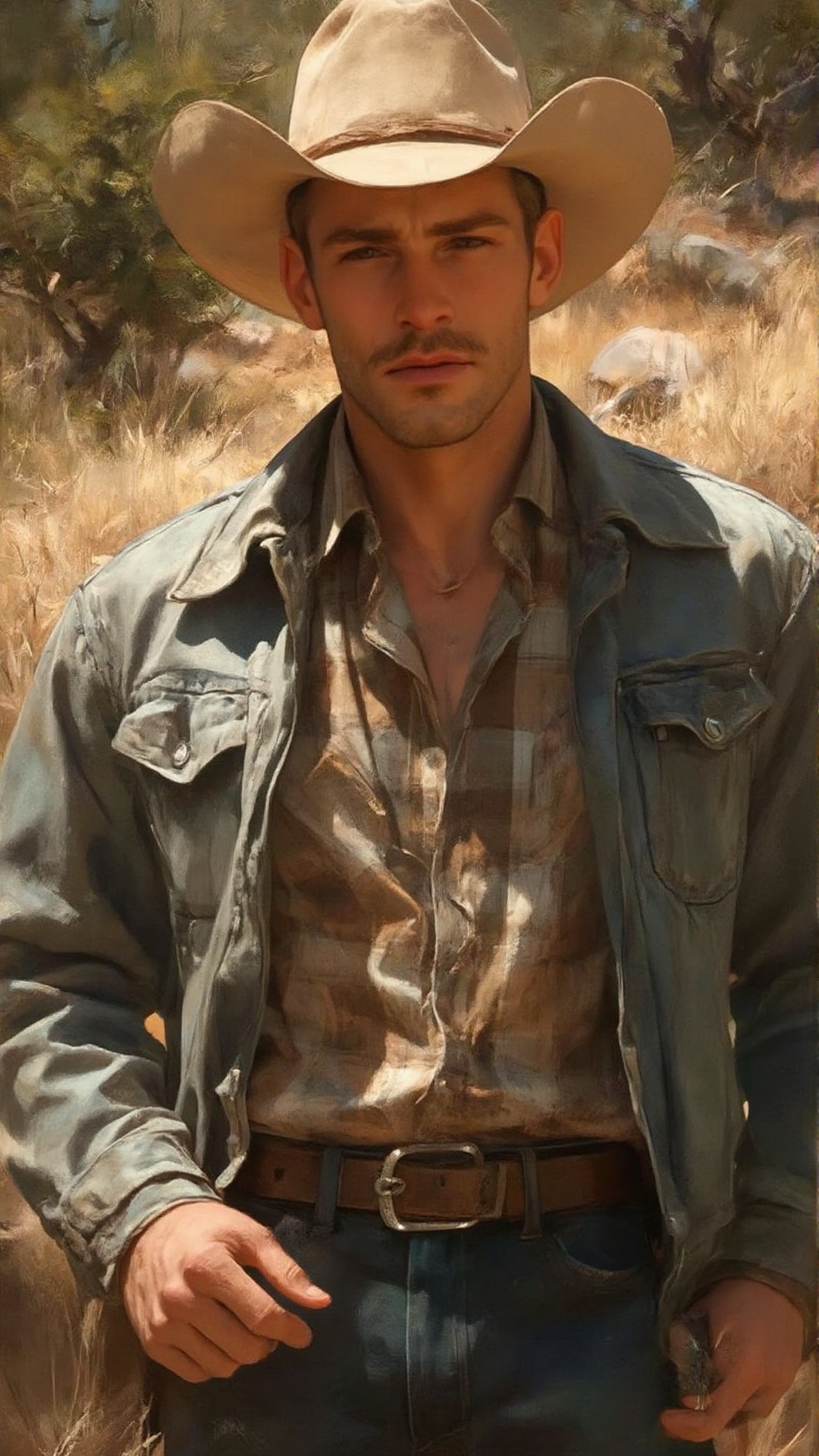 A ruggedly handsome cowboy with golden blonde hair peeking out from beneath a classic beige cowboy hat,  his mustache addi...