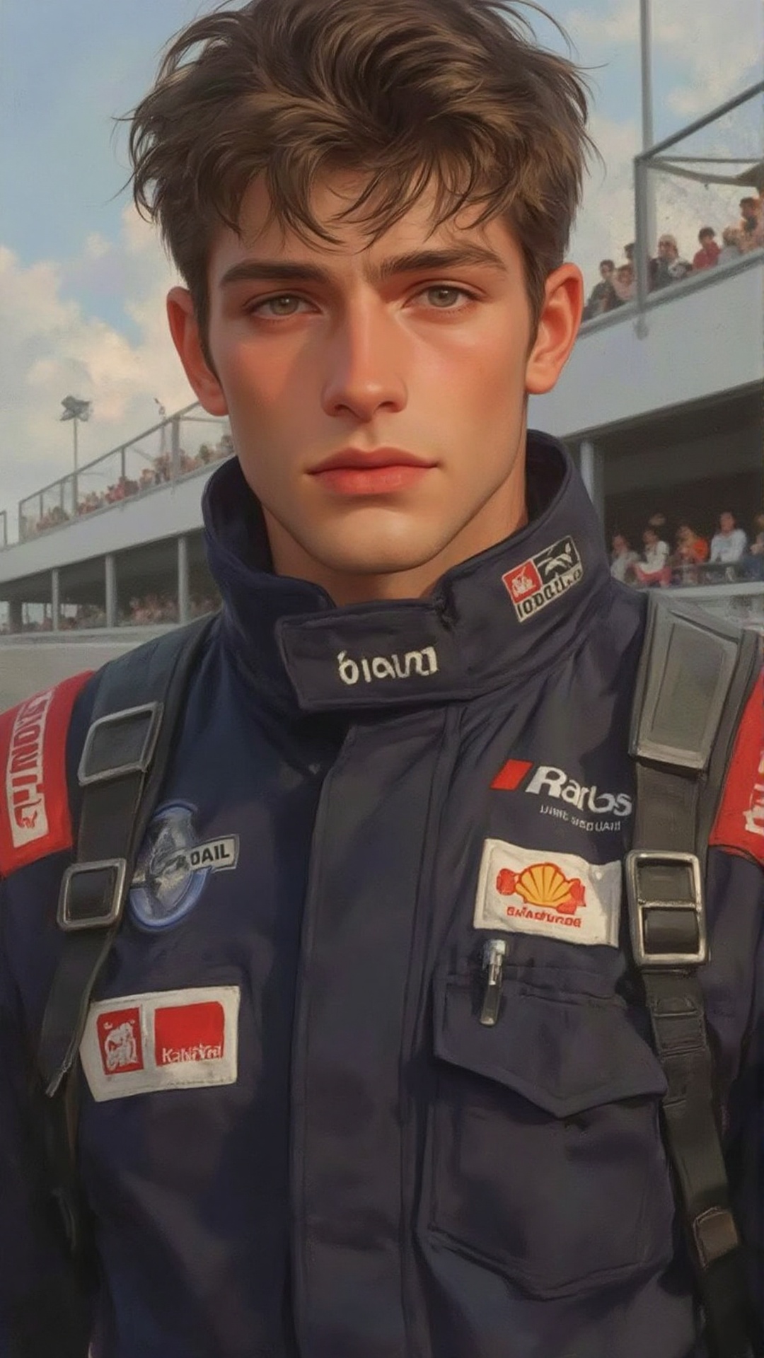 A romantic and majestic portrait of a young man from the 90s,  rendered in a painterly and classical style,  donning a dar...