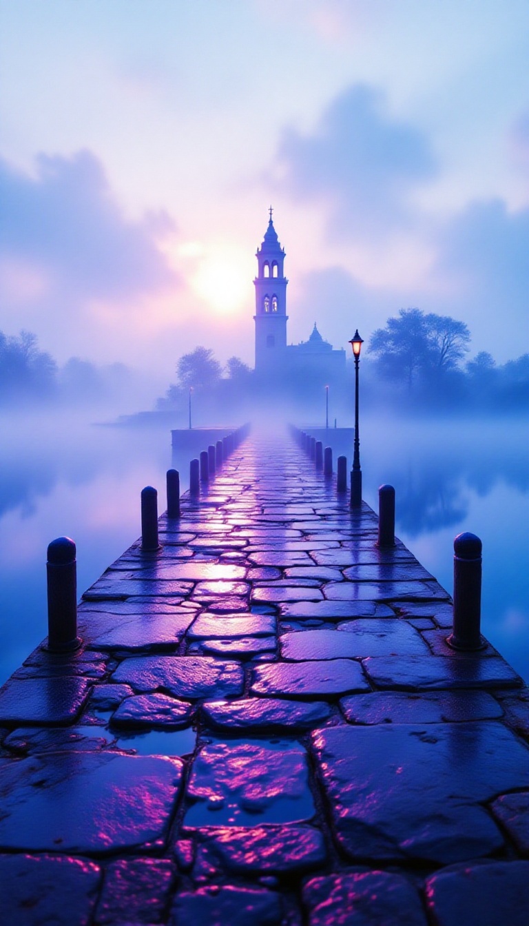 In the soft,  golden light of dawn,  a weathered pier stretches into the foggy atmosphere on Tensor.Art