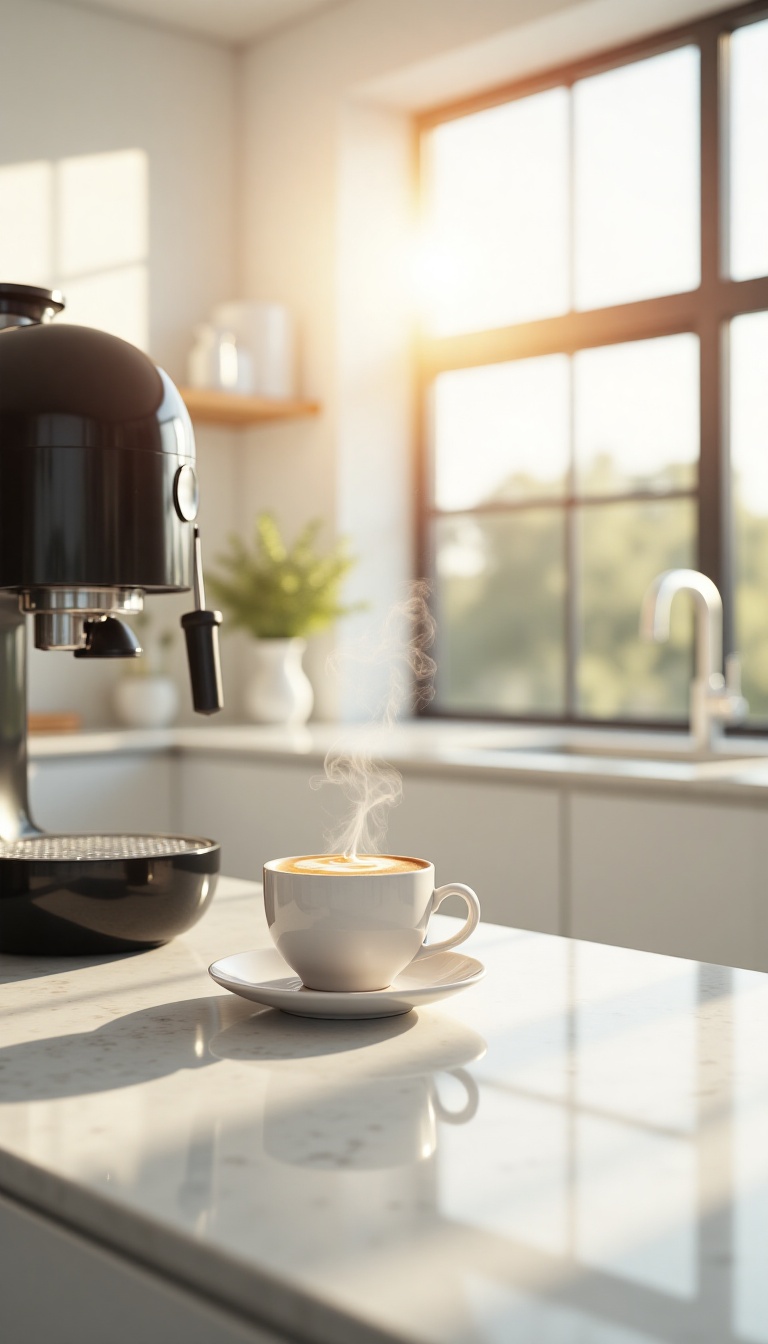 A stylish and modern kitchen with a minimalist aesthetic featuring a high-end coffee machine on a clean white countertop....