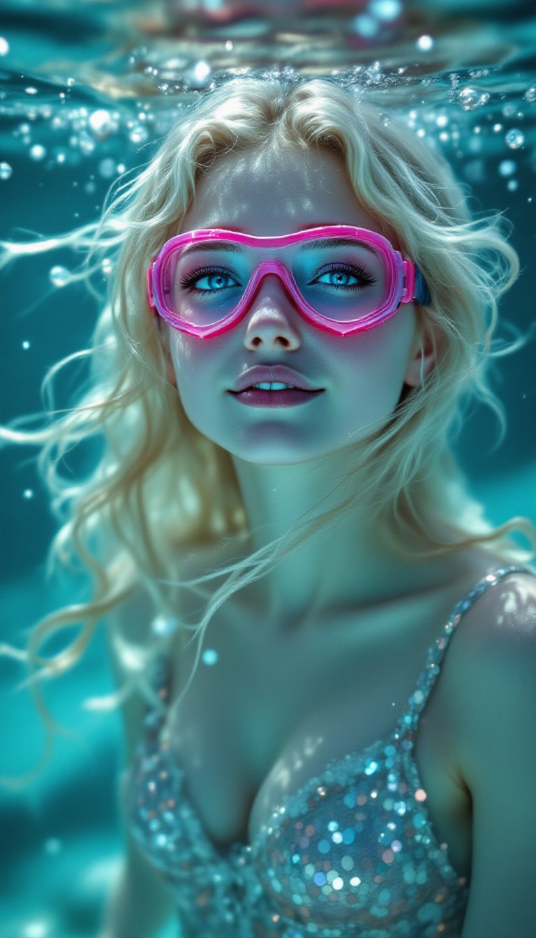Movie film still ((BBC style)) of a beautiful blonde 19 year old girl swimming under a clear sea,  shiny blue eyes,  weari...