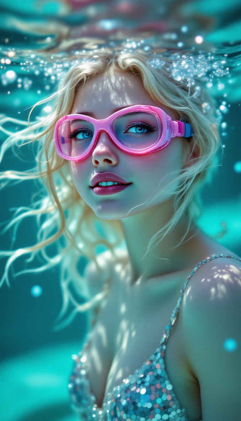 Movie film still ((BBC style)) of a beautiful blonde 19 year old girl swimming under a clear sea,  shiny blue eyes,  weari...