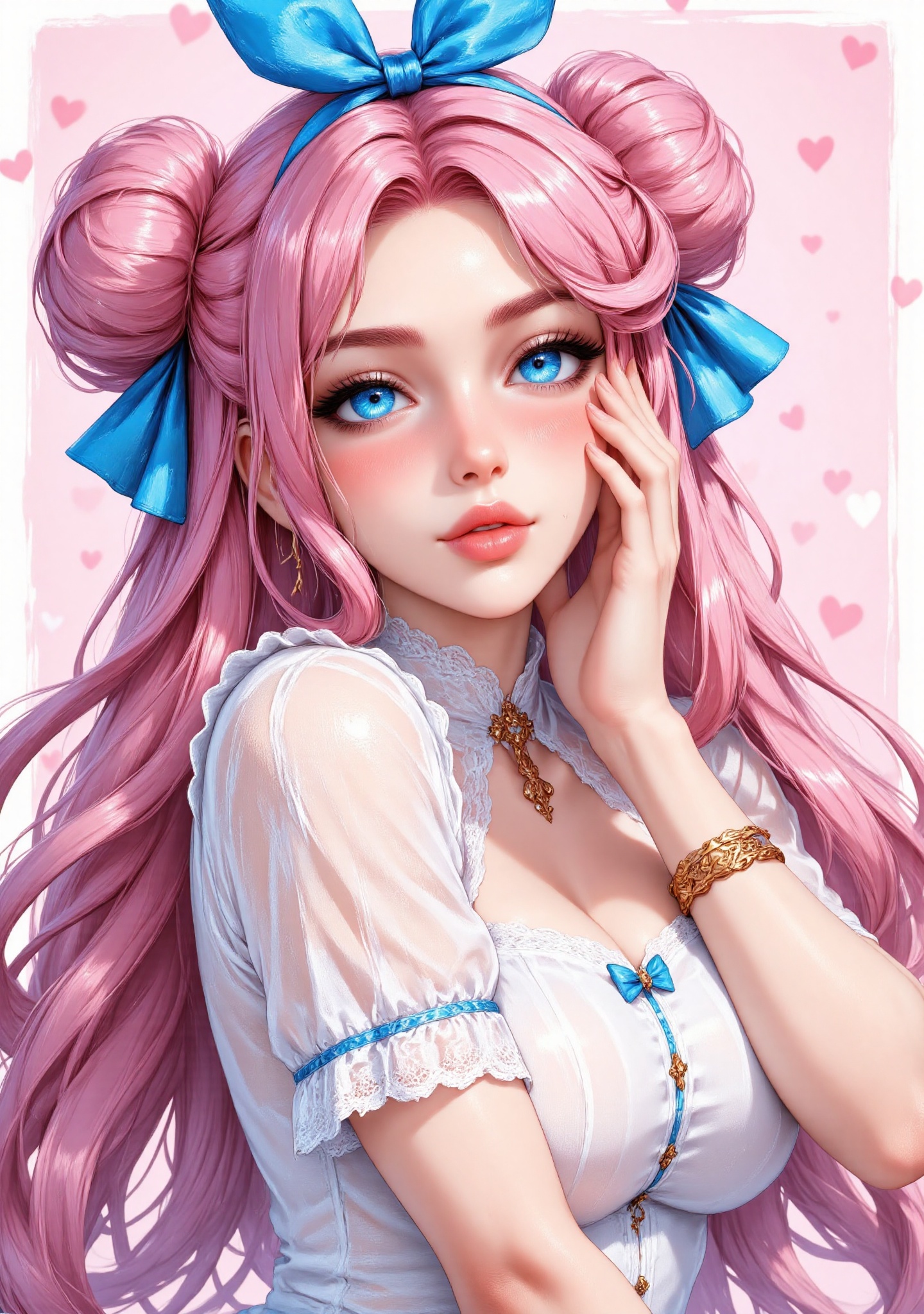 SFW anime-style digital painting of a young woman with long,  flowing blue-pink hair adorned with a large blue bow at the...