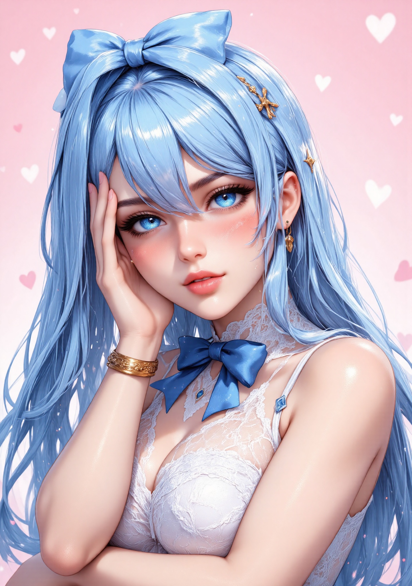 SFW Anime-style digital drawing of a young woman with long,  flowing blue hair adorned with a large blue bow. She has larg...