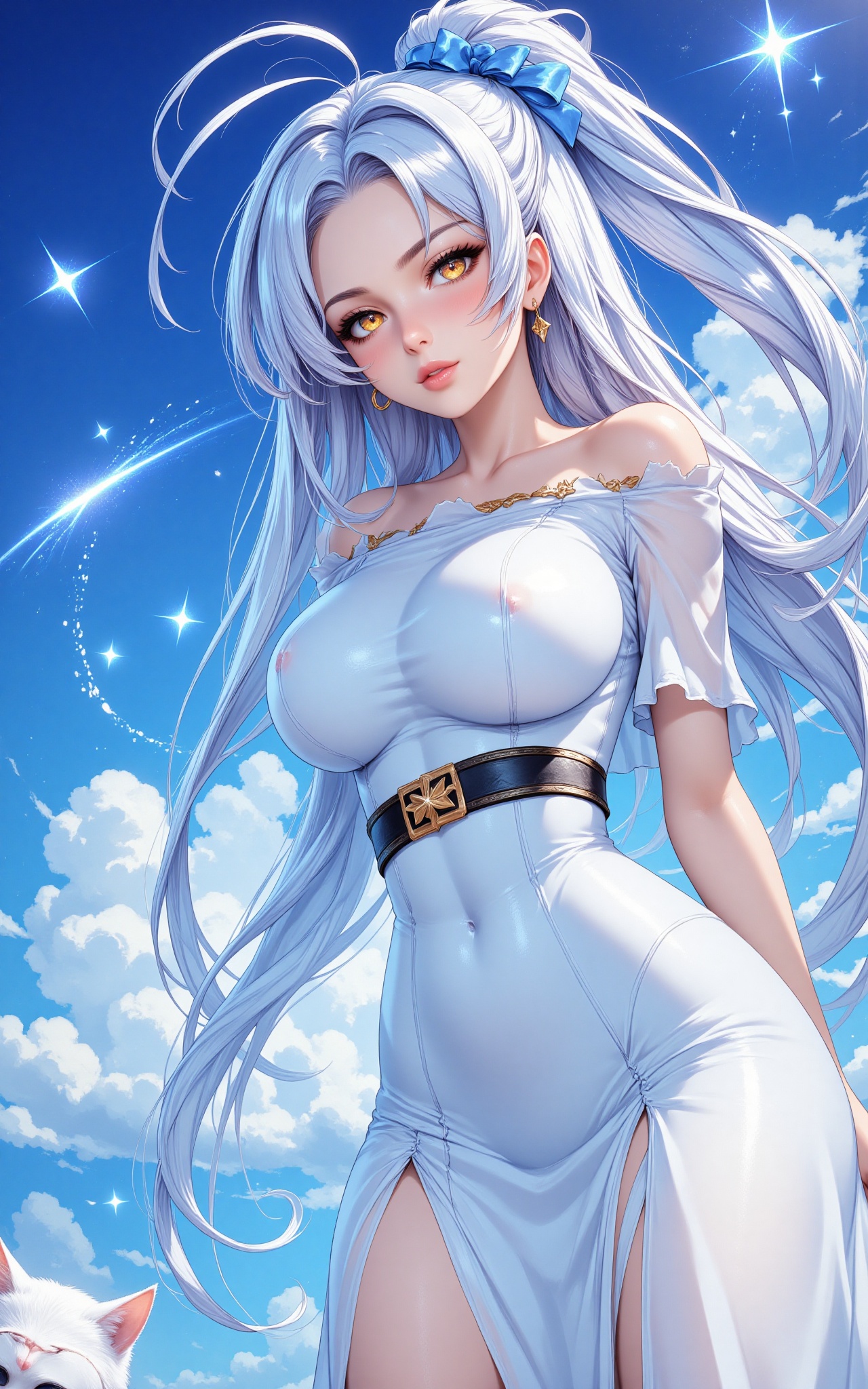 An animated image of an anime girl with long light blue hair and blue eyes. She is wearing a light blue dress with a blue...