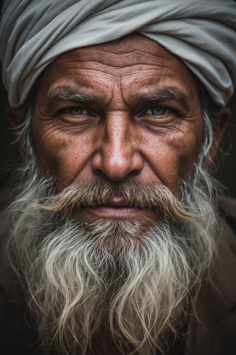 A dignified elder,  adorned with a wispy white turban,  presents a stern visage on Tensor.Art