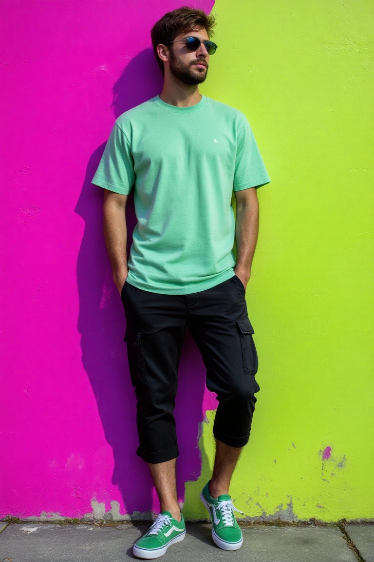 creative illustration art,  full-body of an man,  wearing a mint green color over-fit T-shirt and black capri cargo pants...