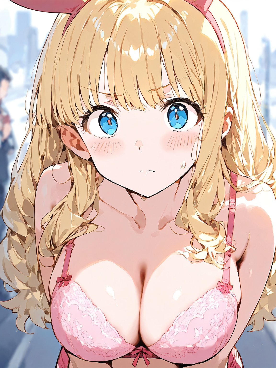 A close-up shot of a woman with long blonde hair and blue eyes. She is wearing a pink bra and pink shorts. The woman's hea...