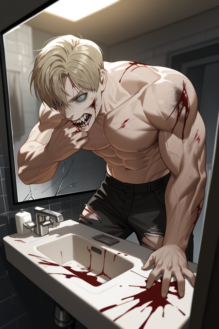 an illustration of a handsome male zombie from behind staring at itself in a cracked bathroom mirror. the male has red eye...