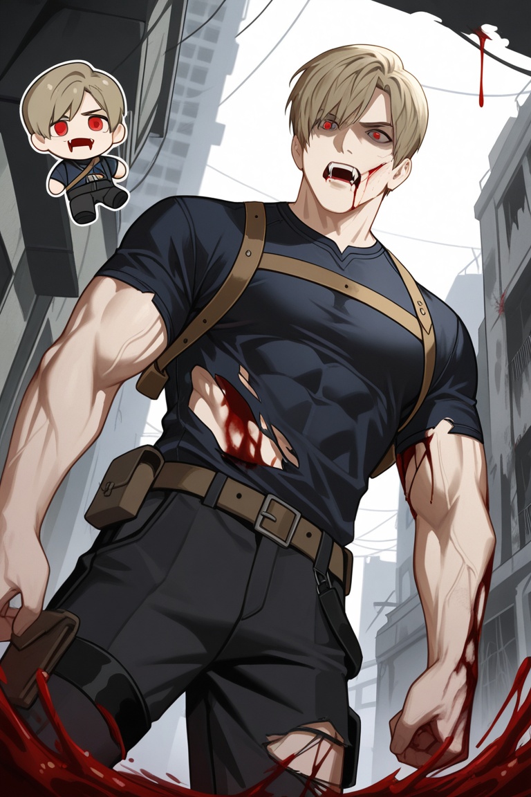 this is an illustration of a light brown haired man covered in blood and injuries standing in a abandoned building. he is...