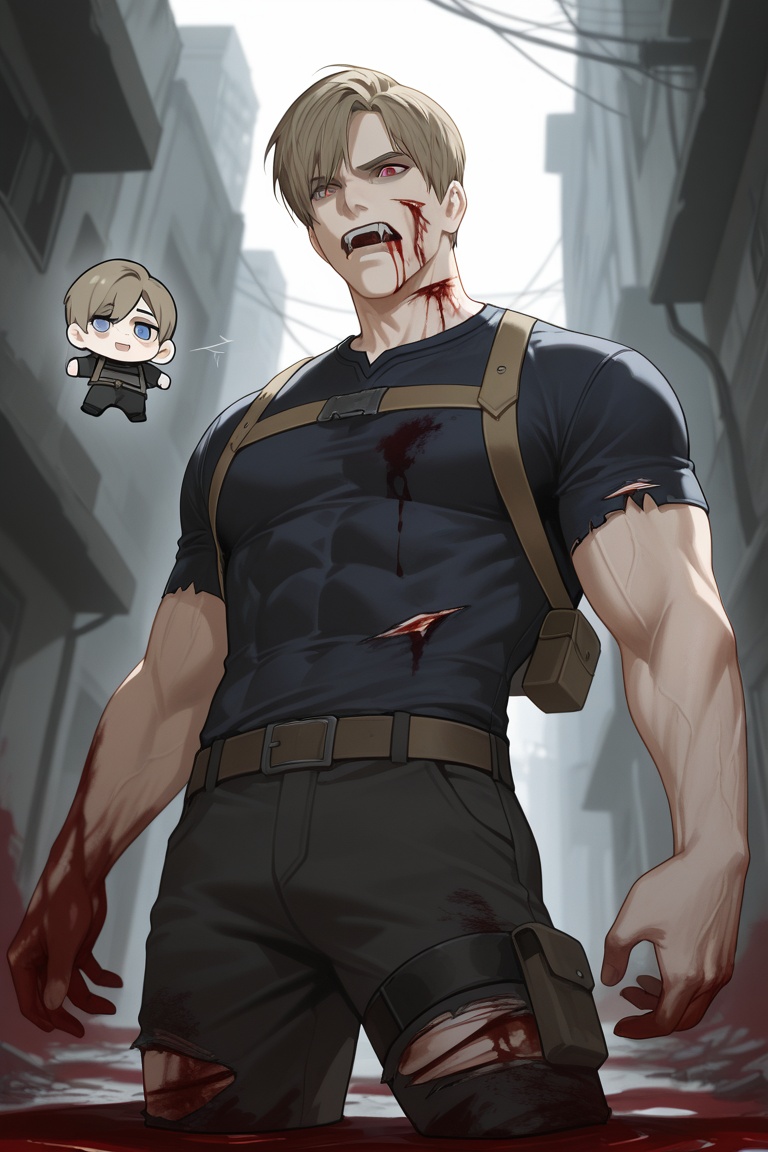 this is an illustration of a light brown haired man covered in blood and injuries standing in a abandoned building. he is...