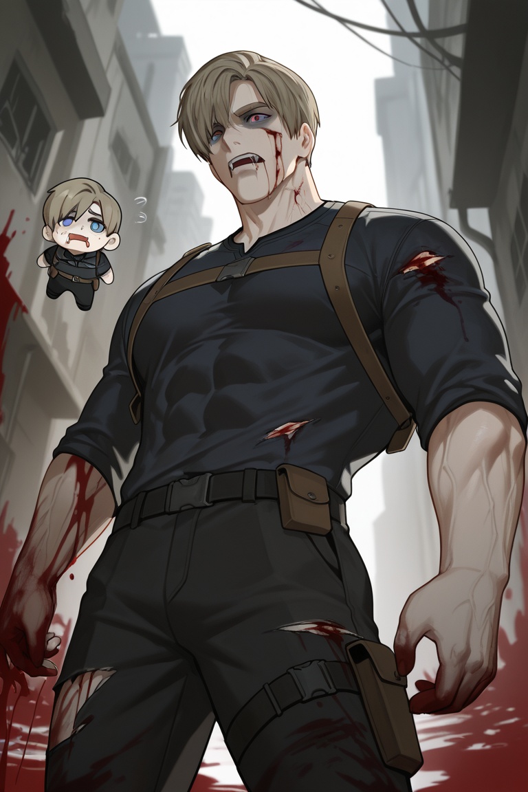 this is an illustration of a light brown haired man covered in blood and injuries standing in a abandoned building. he is...