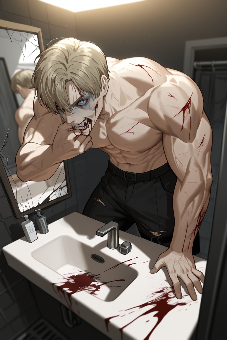 an illustration of a handsome male zombie from behind staring at itself in a cracked bathroom mirror. the male has red eye...