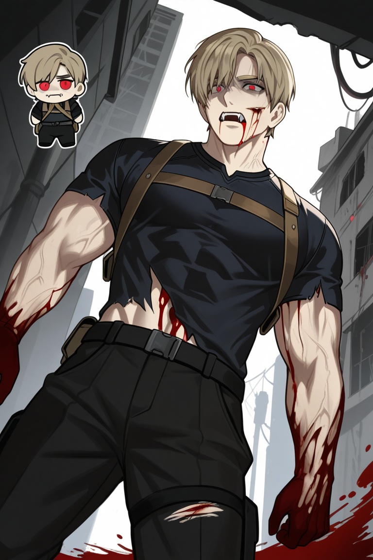 this is an illustration of a light brown haired man covered in blood and injuries standing in a abandoned building. he is...