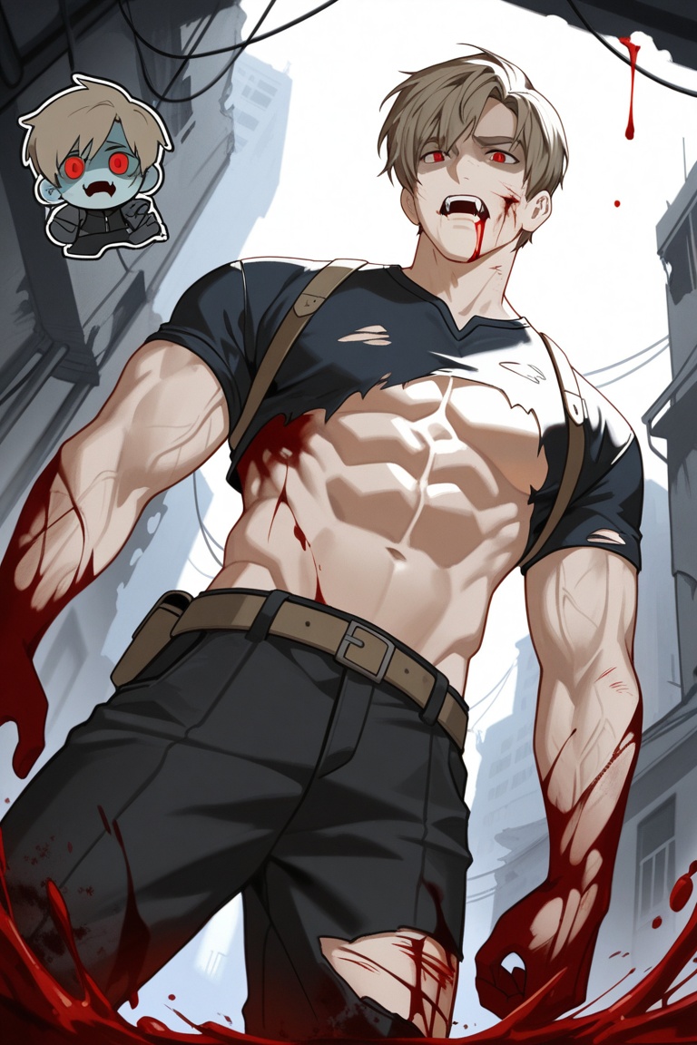 this is an illustration of a light brown haired man covered in blood and injuries standing in a abandoned building. he is...