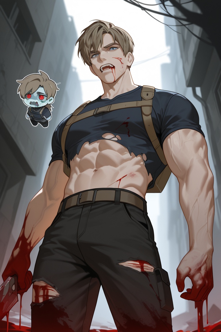 this is an illustration of a light brown haired man covered in blood and injuries standing in a abandoned building. he is...
